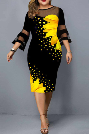 Yellow Elegant Print Split Joint O Neck One Step Skirt Plus Size Dresses