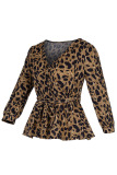 Brownness Sexy Print Leopard Bandage Patchwork V Neck Tops
