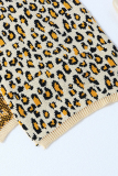 Apricot Fashion Casual Print Leopard Slit Turtleneck Tops (Without Waist Chain)