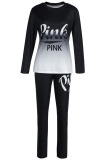 Black Casual Print Letter O Neck Long Sleeve Two Pieces