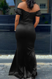 Black Fashion Sexy Solid Backless Slit Off the Shoulder Long Dress