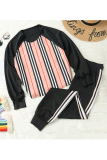 Black Fashion Casual Striped Patchwork O Neck Long Sleeve Two Pieces