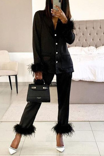 Black Casual Print Patchwork Buckle Feathers Turn-back Collar Long Sleeve Two Pieces