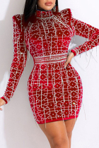 Red Fashion Sexy Patchwork Hot Drilling Tassel Turtleneck Long Sleeve Dresses