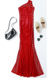 Red Sexy Patchwork Hot Drilling See-through Backless One Shoulder Evening Dress