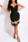 Black Fashion Sexy Patchwork Sequins Feathers Backless V Neck Sling Dress