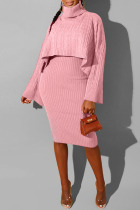 Pink Casual Solid Split Joint Turtleneck Long Sleeve Two Pieces