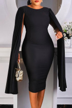 Black Casual Elegant Solid Split Joint Fold Asymmetrical O Neck One Step Skirt Dresses