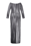 Grey Fashion Casual Plus Size Print Basic O Neck Long Dress