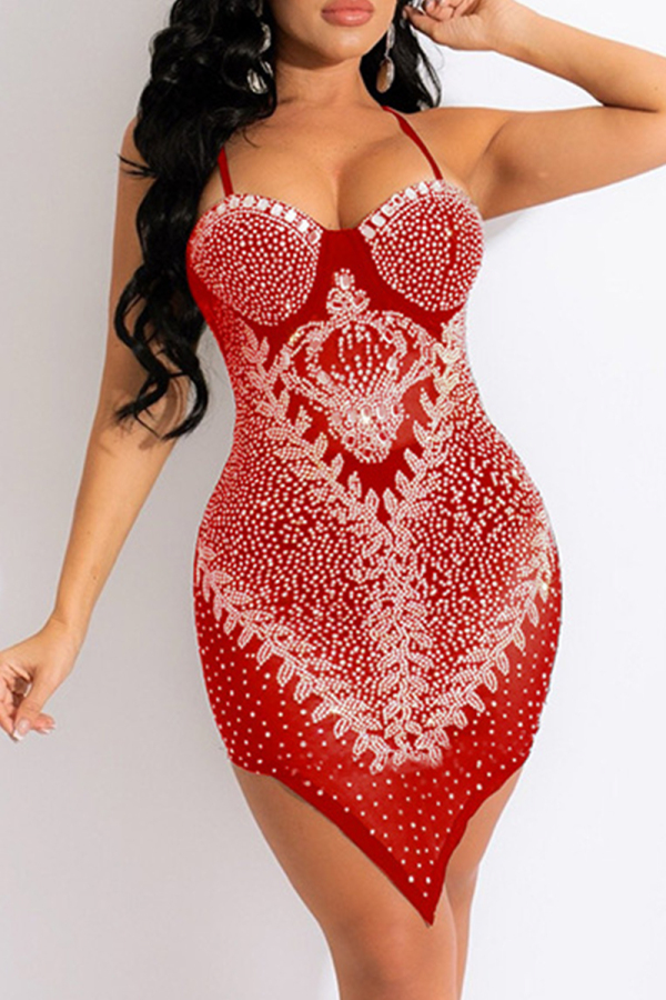 Red Sexy Patchwork Hot Drilling Backless Spaghetti Strap Irregular Dress (With Panties)