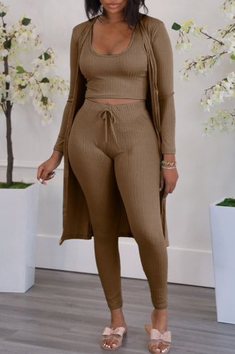 Deep Coffee Fashion Casual Solid Cardigan Vests Pants O Neck Long Sleeve Three-piece Set
