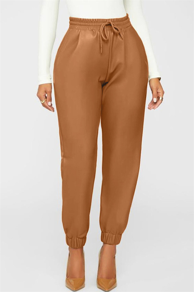 

Brown Fashion Casual Solid Basic Regular High Waist Trousers