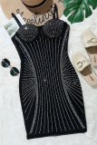 Black Fashion Sexy Hot Drilling Patchwork Backless Square Collar Sling Dress