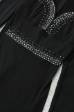 Black Fashion Sexy Patchwork Hot Drilling Asymmetrical V Neck Long Sleeve Dresses