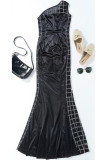 Black Sexy Patchwork Hot Drilling See-through Backless One Shoulder Evening Dress