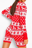 Red Casual Print Patchwork Buttons O Neck Regular Rompers