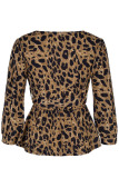 Yellow Sexy Print Leopard Bandage Patchwork V Neck Tops