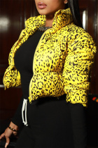 Yellow Fashion Casual Print Cardigan Mandarin Collar Outerwear