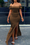 Brownness Fashion Sexy Solid Backless Slit Off the Shoulder Long Dress