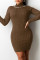 Brown Fashion Sexy Solid Backless Half A Turtleneck Long Sleeve Dresses