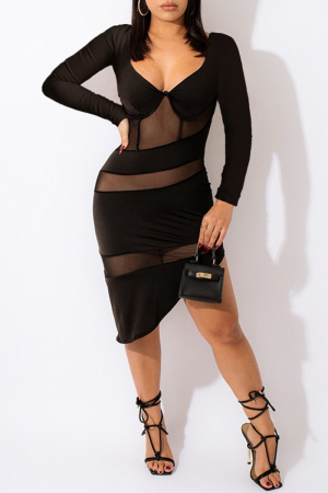 Black Fashion Sexy Patchwork See-through Backless V Neck Long Sleeve Dresses