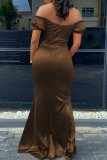 Brownness Fashion Sexy Solid Backless Slit Off the Shoulder Long Dress