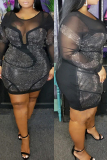 Black Fashion Sexy Patchwork Hot Drilling See-through O Neck Long Sleeve Plus Size Dresses