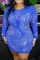 Blue Fashion Sexy Patchwork Hot Drilling See-through O Neck Long Sleeve Plus Size Dresses