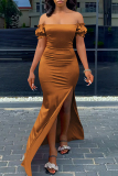Brown Fashion Sexy Solid Backless Slit Off the Shoulder Long Dress