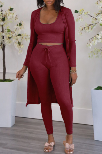 Burgundy Fashion Casual Solid Cardigan Vests Pants O Neck Long Sleeve Three-piece Set