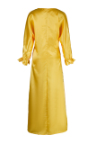 Yellow Fashion Casual Print Basic O Neck Long Sleeve Dresses