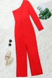 Red Fashion Sexy Patchwork Hot Drilling Backless Oblique Collar Regular Jumpsuits