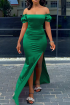 Green Fashion Sexy Solid Backless Slit Off the Shoulder Long Dress