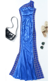 Blue Sexy Patchwork Hot Drilling See-through Backless One Shoulder Evening Dress