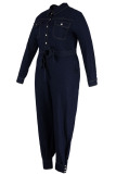 Deep Blue Casual Solid Patchwork Buckle Buttons With Belt Turndown Collar Plus Size Jumpsuits