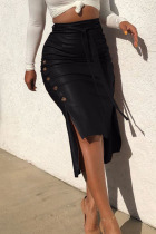 Black Sexy Solid Bandage Split Joint Buttons Asymmetrical Straight High Waist Straight Solid Color Bottoms