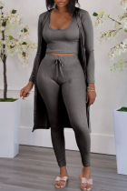 Dark Gray Fashion Casual Solid Cardigan Vests Pants O Neck Long Sleeve Three-piece Set