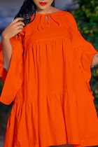 Tangerine Red Casual Sweet Solid Patchwork Frenulum Fold V Neck A Line Dresses