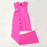 Pink Fashion Sexy Solid Patchwork Backless Strapless Irregular Dress