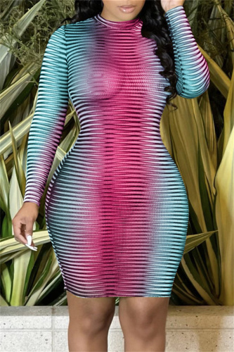 Rose Red Fashion Sexy Print See-through O Neck Long Sleeve Dresses