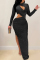 Silver Fashion Sexy Solid Hollowed Out O Neck Long Sleeve Dresses