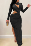 Silver Fashion Sexy Solid Hollowed Out O Neck Long Sleeve Dresses