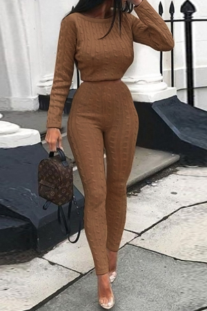 Coffee Elastic Fly Long Sleeve Mid Solid pencil Pants Two-piece suit