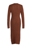 Brown Fashion Casual Solid Basic O Neck Long Sleeve Dresses