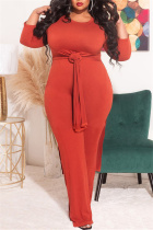 Tangerine Red Fashion Casual Solid Slit O Neck Plus Size Two Pieces
