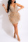 Apricot Sexy Solid Split Joint Feathers Beading Hot Drill Spaghetti Strap One Step Skirt Dresses