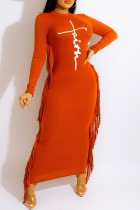 Tangerine Red Casual Print Tassel Split Joint O Neck One Step Skirt Dresses(Without Belt)
