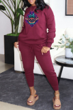 Burgundy Fashion Casual Print Basic O Neck Long Sleeve Two Pieces