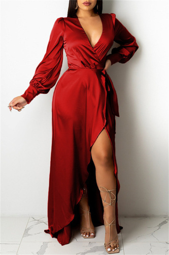 Red Sexy Casual Solid Bandage V Neck Long Sleeve Dresses