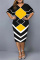 Yellow Fashion Casual Plus Size Print Basic V Neck Short Sleeve Dress